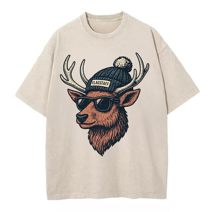 Flagstaff Elk wearing Flagstaff beanie with pom pom and wayfarer sunglasses - Vintage T-shirt - Off White