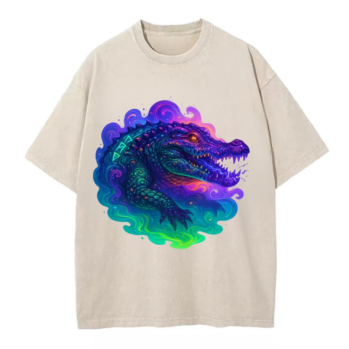 Primordial crocodile with scales pulsing plasma energy in green and purple, - Vintage T-shirt - Off White