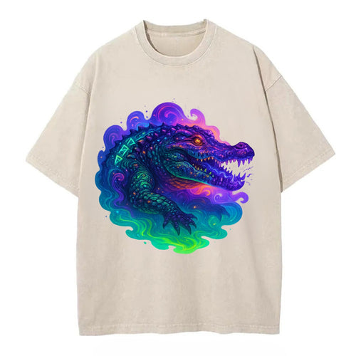 Primordial crocodile with scales pulsing plasma energy in green and purple, - Vintage T-shirt