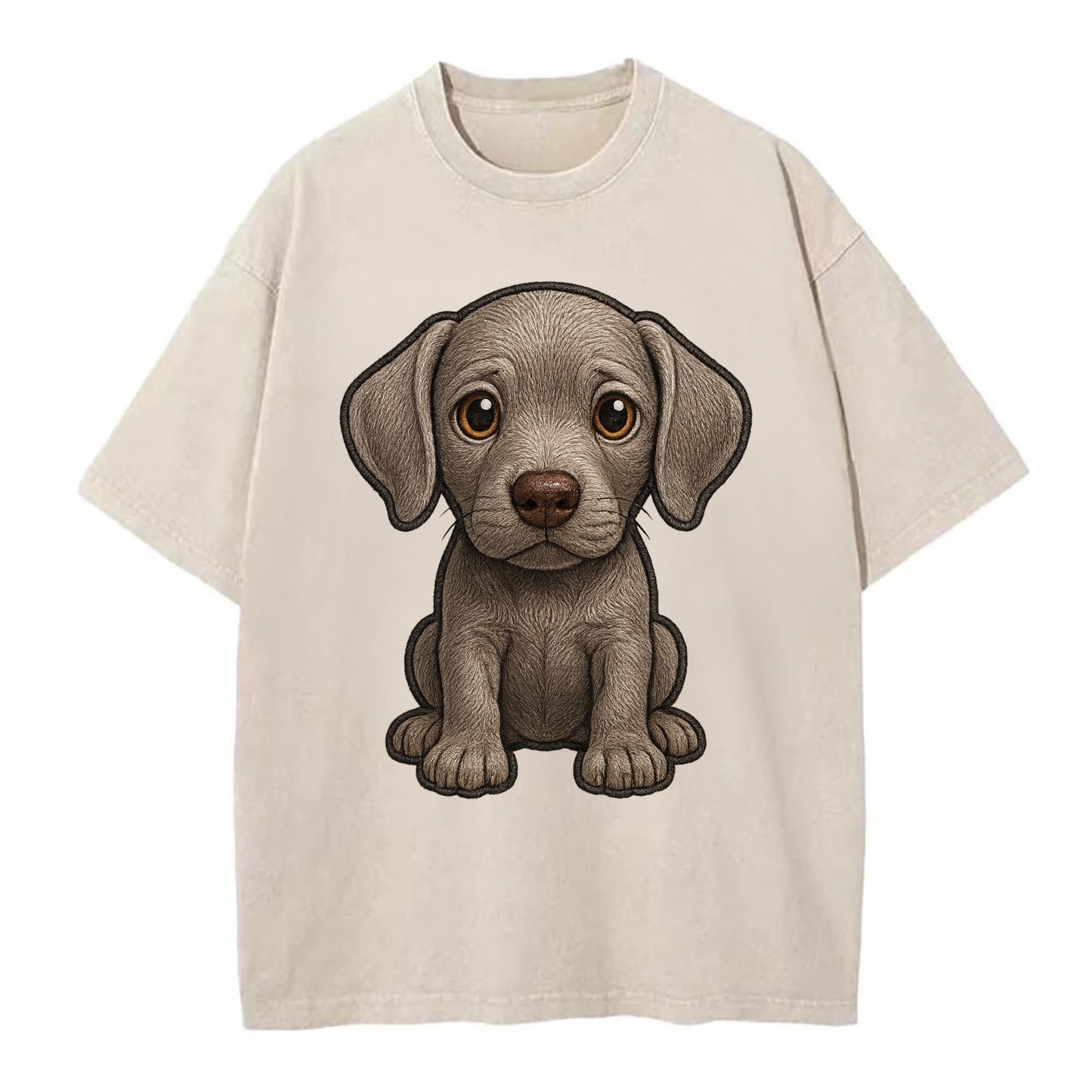 Baby Weimaraner Puppy - silver-gray coat, amber eyes, sleek body, front-facing, - Vintage T-shirt - Off White