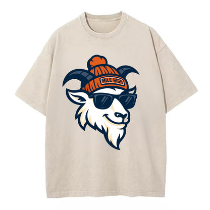 Denver Mountain Goat wearing Broncos beanie with Mile High patch and wayfarer - Vintage T-shirt - Off White
