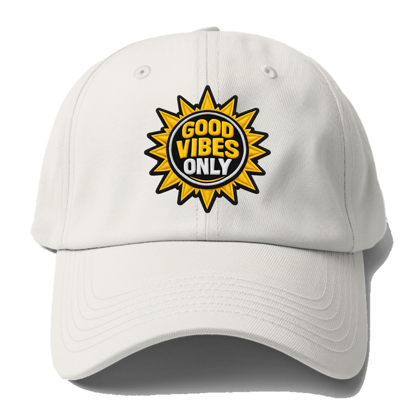 GOOD VIBES ONLY - sun with text in yellow , positive energy - Baseball Cap - Off White