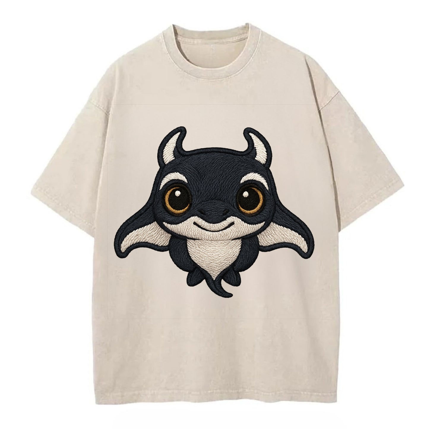 Baby Manta Ray - dark with white markings, cephalic fins, gentle eyes, - Vintage T-shirt - Off White