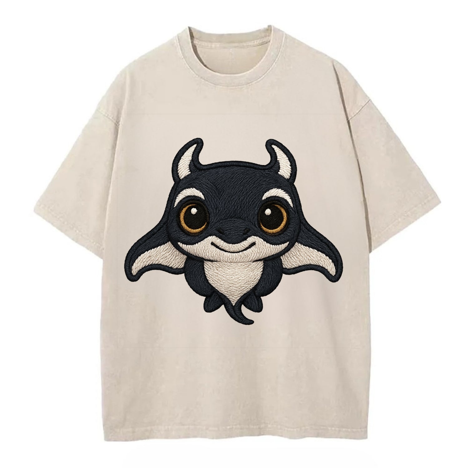 Baby Manta Ray - dark with white markings, cephalic fins, gentle eyes, - Vintage T-shirt - Off White