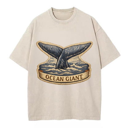 WHALE TAIL - diving whale in blue and gray , ocean giant - Vintage T-shirt - Off White