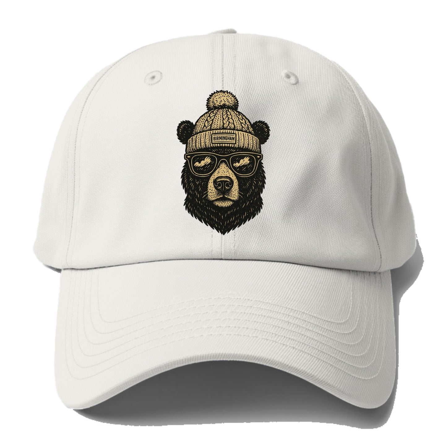 Alabama Black Bear wearing Birmingham beanie with pom pom and wayfarer sunglasses - Baseball Cap - Off White