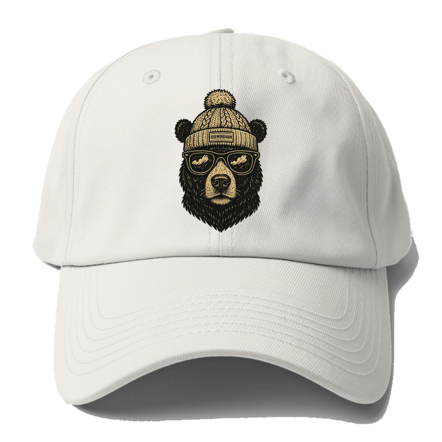 Alabama Black Bear wearing Birmingham beanie with pom pom and wayfarer sunglasses - Baseball Cap - Off White