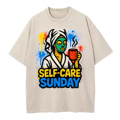 Person in bathrobe with face mask and tea - self-care Sunday ritual, wellness - Vintage T-shirt - Off White
