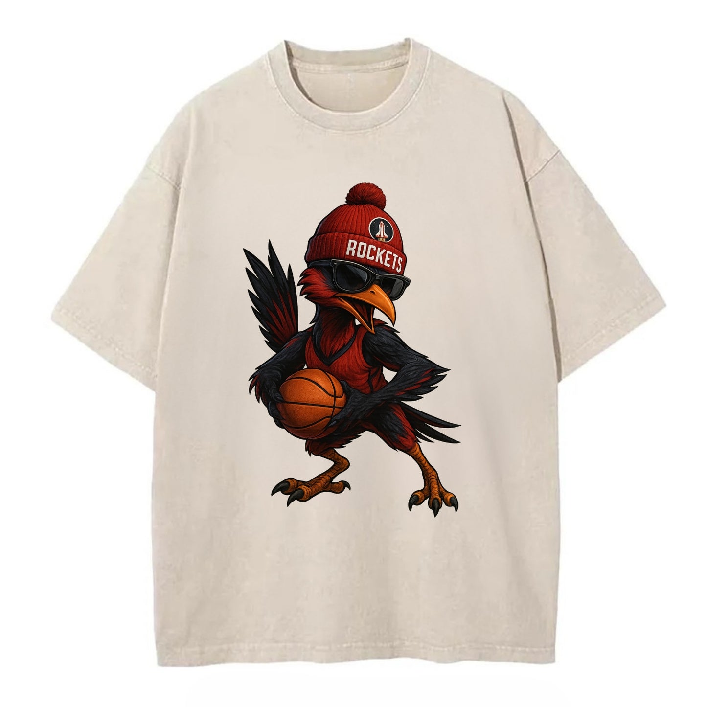 Houston Roadrunner wearing Rockets beanie with launch pad patch and wayfarer - Vintage T-shirt - Off White