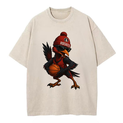 Houston Roadrunner wearing Rockets beanie with launch pad patch and wayfarer - Vintage T-shirt - Off White