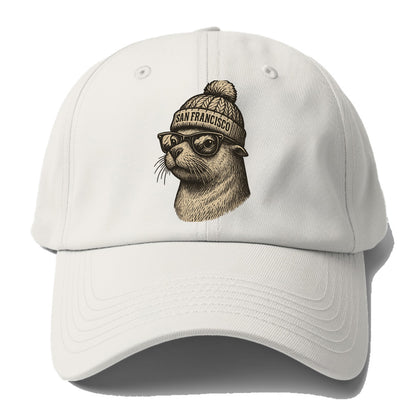 San Francisco Sea Lion wearing San Francisco beanie with pom pom and wayfarer - Baseball Cap - Off White
