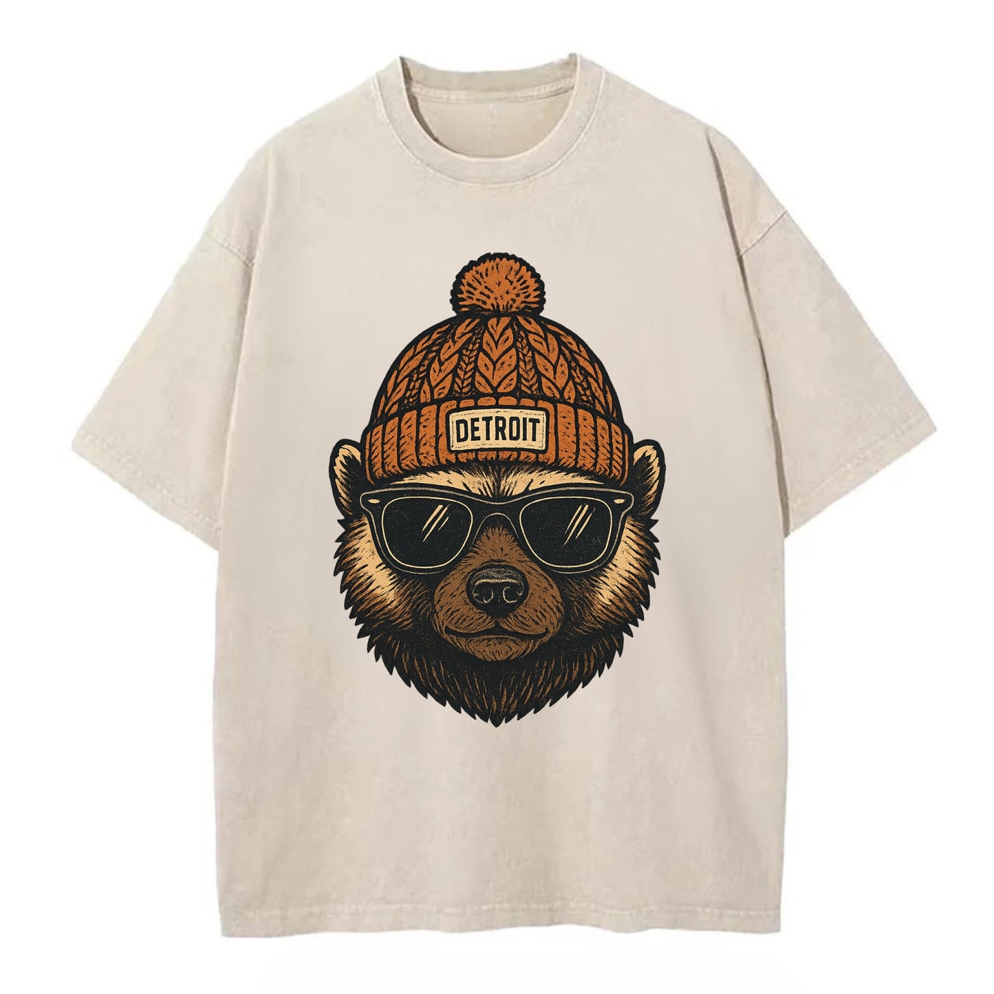 Detroit Wolverine wearing Detroit beanie with pom pom and wayfarer sunglasses - Vintage T-shirt - Off White