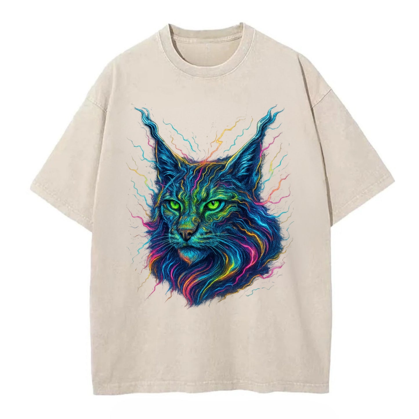 Wild lynx with ear tufts transforming into liquid mercury flows, silver and gold - Vintage T-shirt - Off White