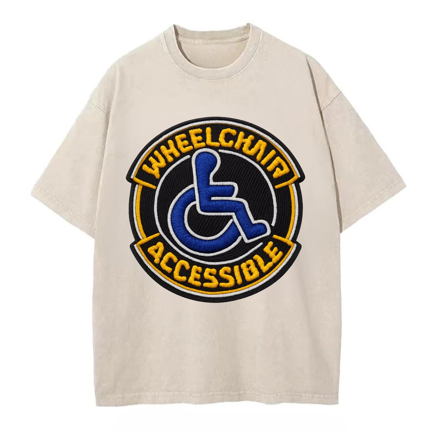 WHEELCHAIR ACCESSIBLE - accessibility symbol in blue , inclusion - Vintage T-shirt - Off White