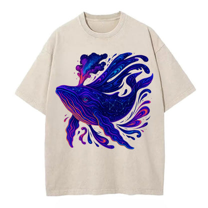Majestic whale with body composed of galaxy clusters, stellar fins flowing like - Vintage T-shirt - Off White