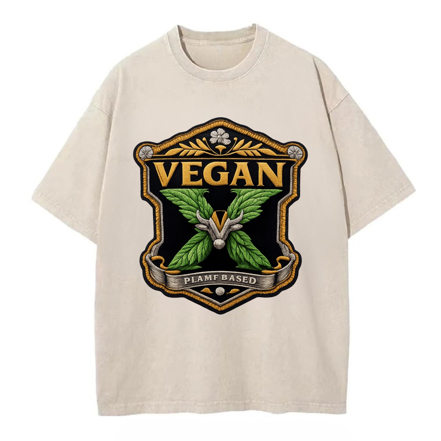 VEGAN X - plant-based symbol in green , animal rights - Vintage T-shirt - Off White