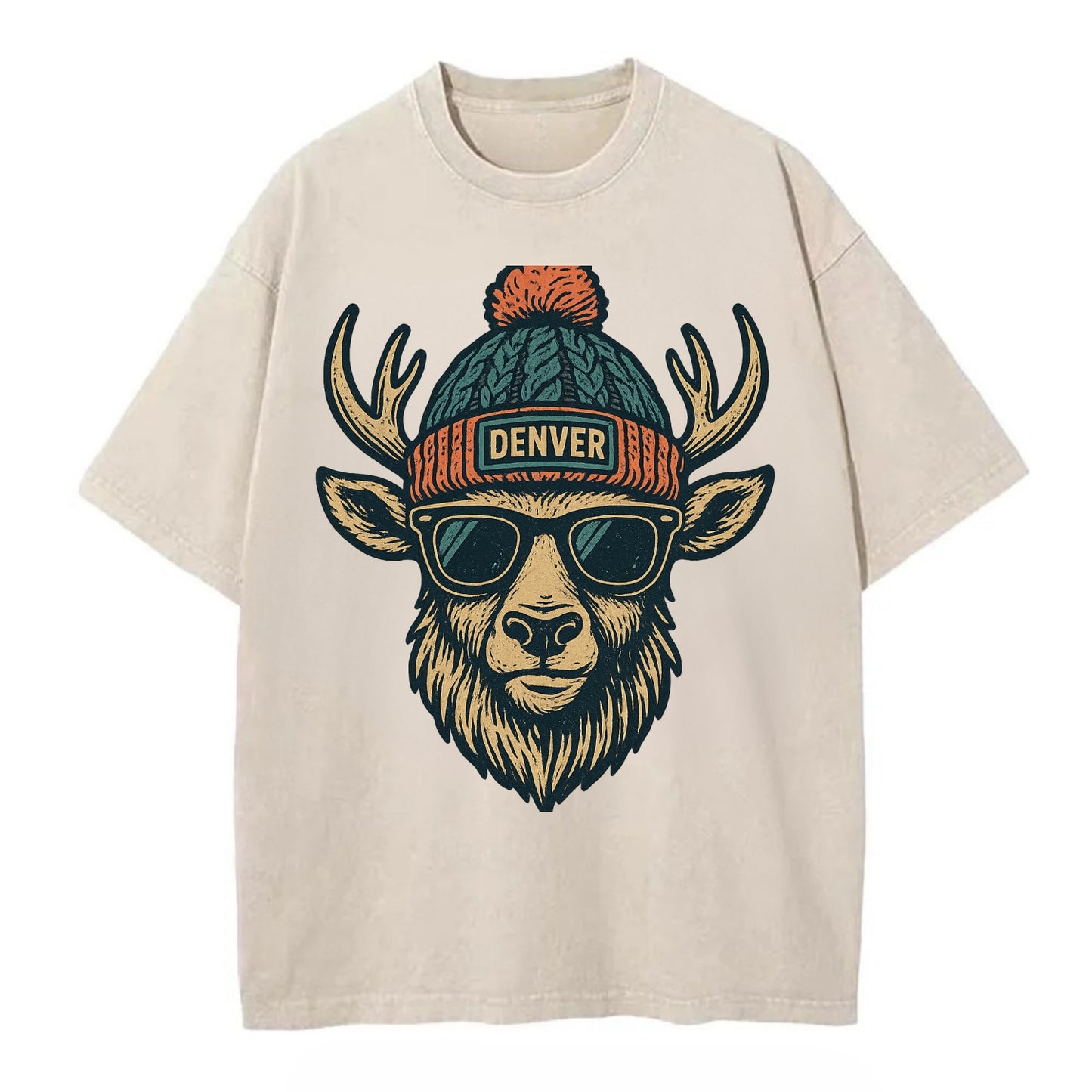 Denver Elk wearing Denver beanie with pom pom and wayfarer sunglasses - Vintage T-shirt - Off White