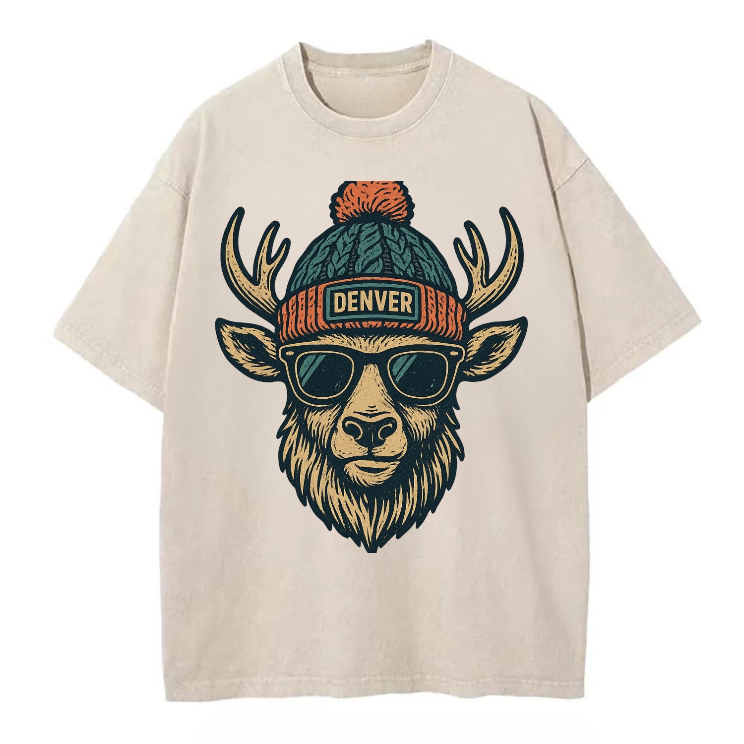 Denver Elk wearing Denver beanie with pom pom and wayfarer sunglasses - Vintage T-shirt - Off White