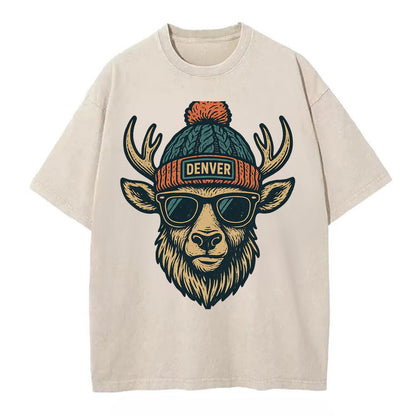 Denver Elk wearing Denver beanie with pom pom and wayfarer sunglasses - Vintage T-shirt - Off White