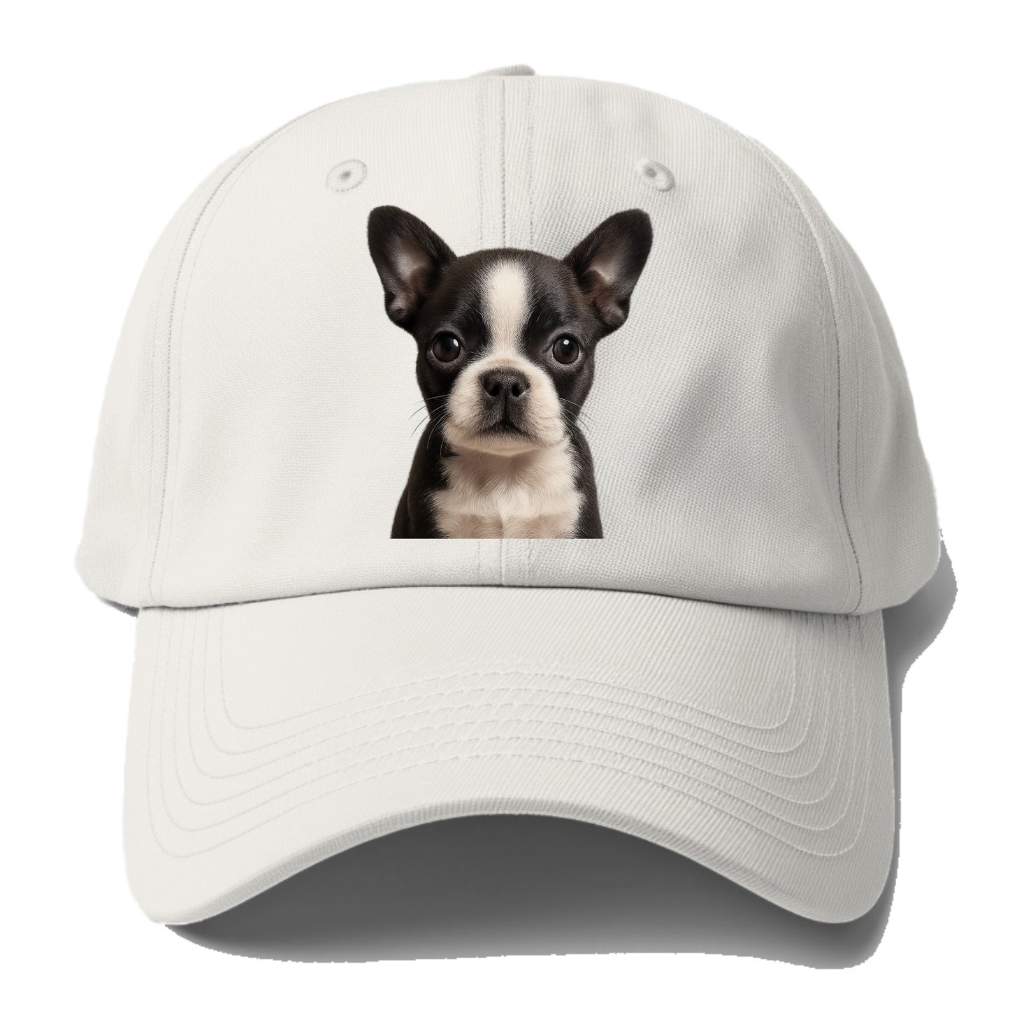 Baby Boston Terrier Puppy - tuxedo markings, big round eyes, bat ears, front-facing, - Baseball Cap - Off White