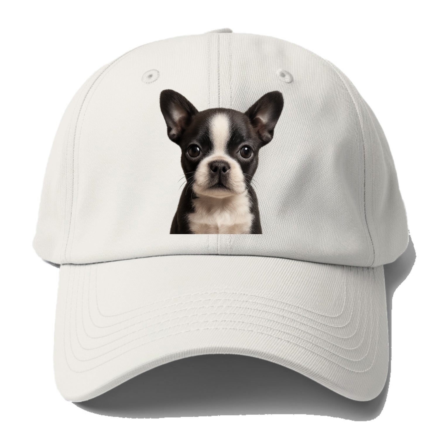 Baby Boston Terrier Puppy - tuxedo markings, big round eyes, bat ears, front-facing, - Baseball Cap - Off White