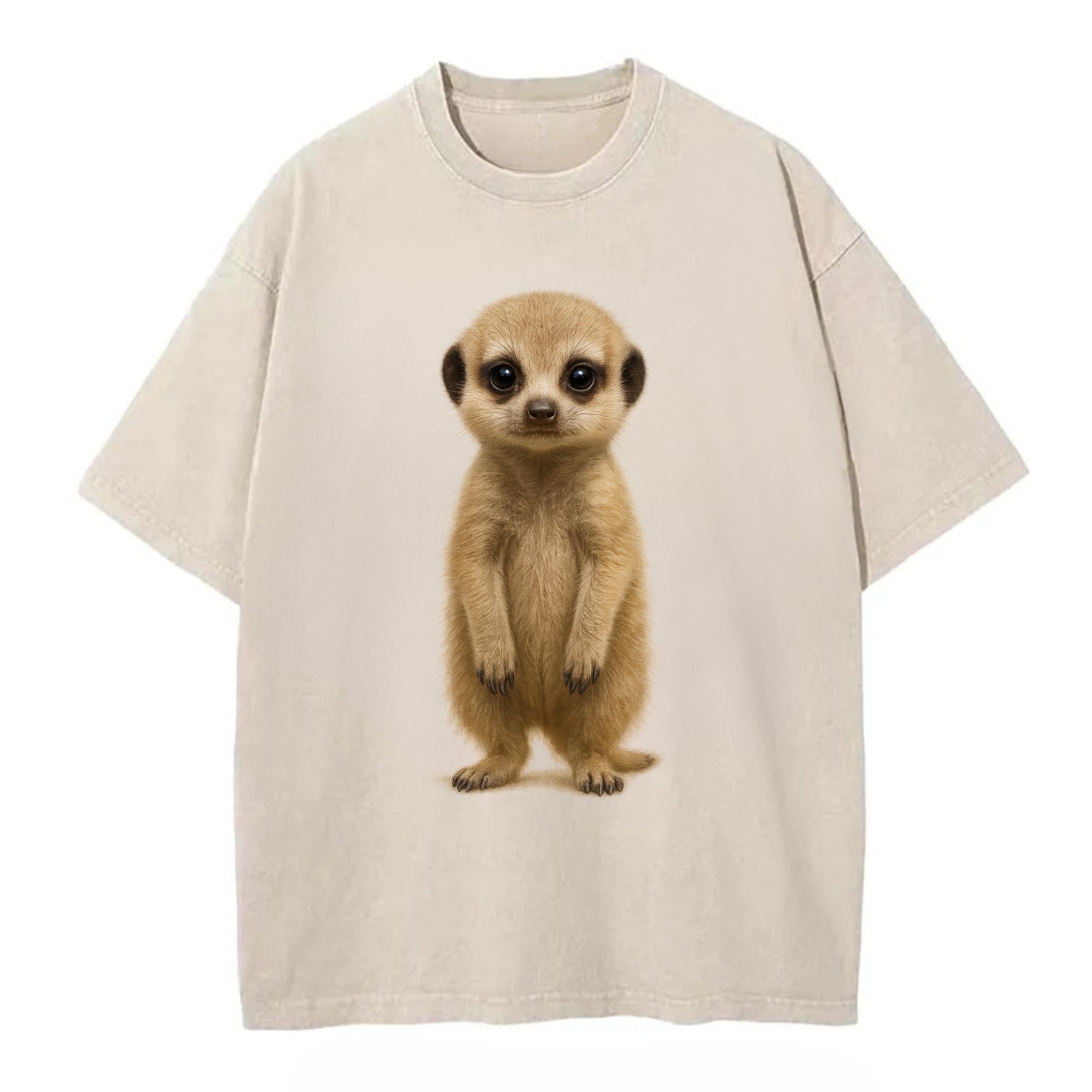 Baby Meerkat - tan fur, dark eye patches, alert stance, bright eyes, - Vintage T-shirt - Off White