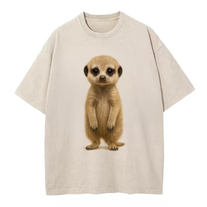 Baby Meerkat - tan fur, dark eye patches, alert stance, bright eyes, - Vintage T-shirt - Off White