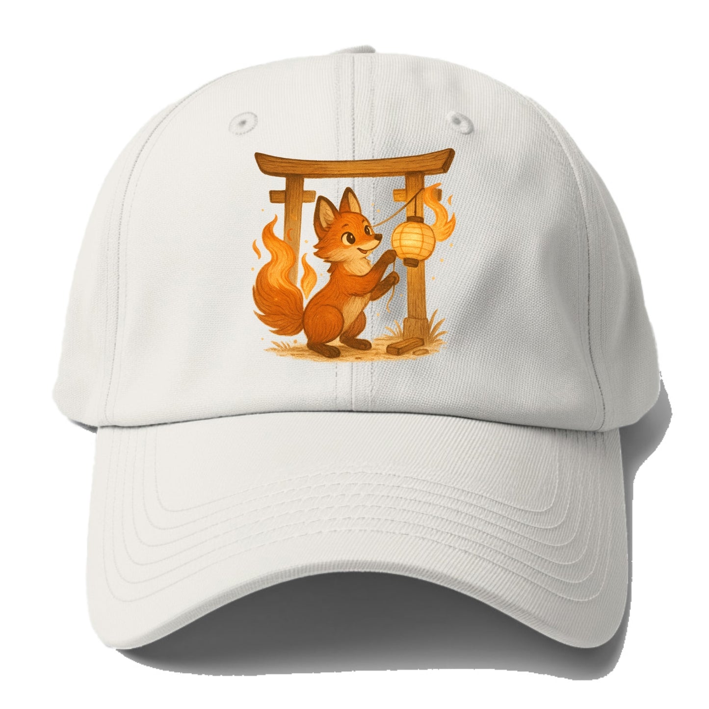 Foxfire kitsune stringing lanterns along a torii gate with tails of - Baseball Cap For Big Heads - Off White