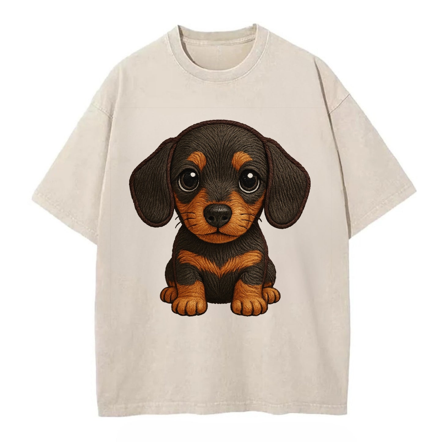 Baby Dachshund Puppy - long body, short legs, floppy ears, curious eyes, - Vintage T-shirt - Off White