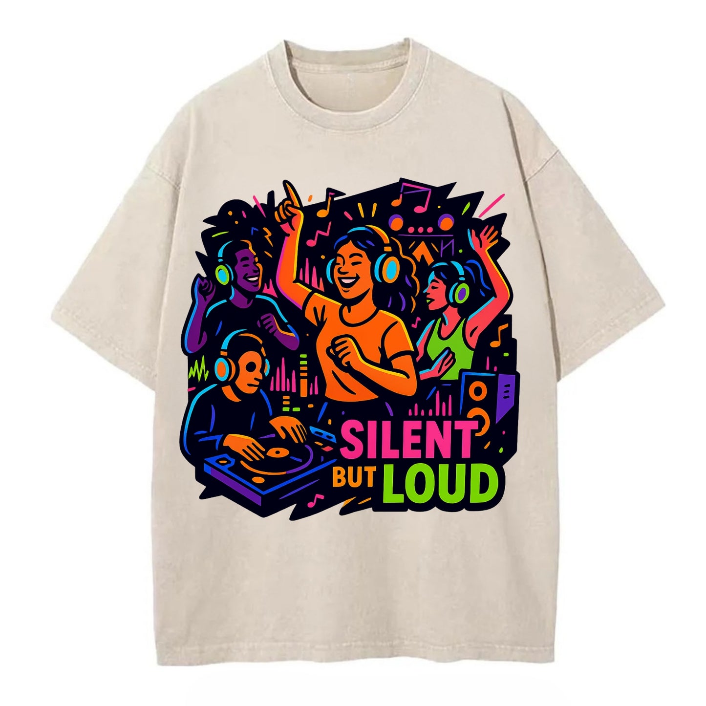 Silent disco dancers with glowing headphones - "Silent But Loud" - unique concert - Vintage T-shirt - Off White