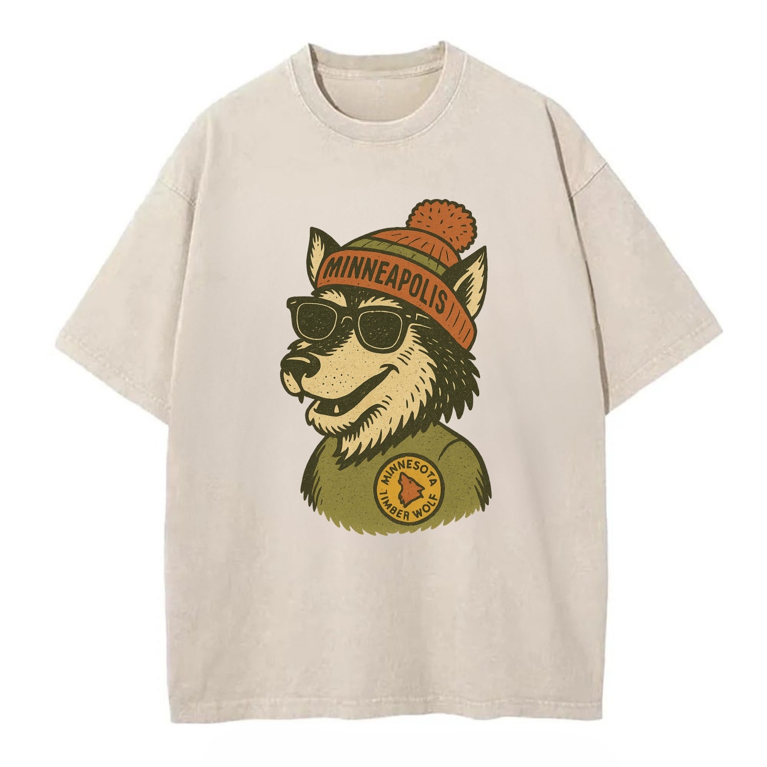 Minnesota Timber Wolf wearing Minneapolis beanie with pom pom and wayfarer - Vintage T-shirt - Off White