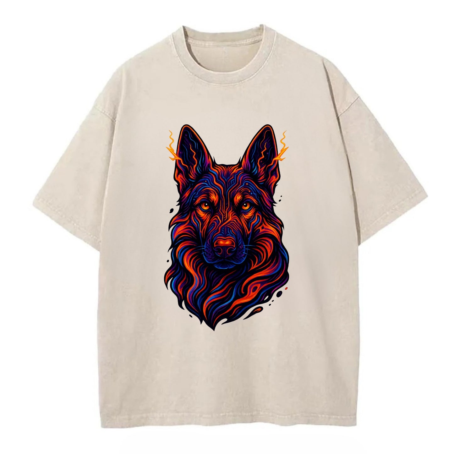 Alert German Shepherd with cyber circuit patterns in the fur, neon orange and - Vintage T-shirt - Off White