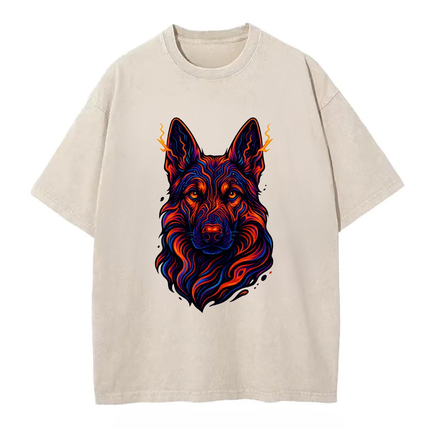 Alert German Shepherd with cyber circuit patterns in the fur, neon orange and - Vintage T-shirt - Off White