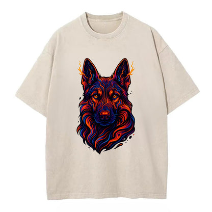 Alert German Shepherd with cyber circuit patterns in the fur, neon orange and - Vintage T-shirt - Off White