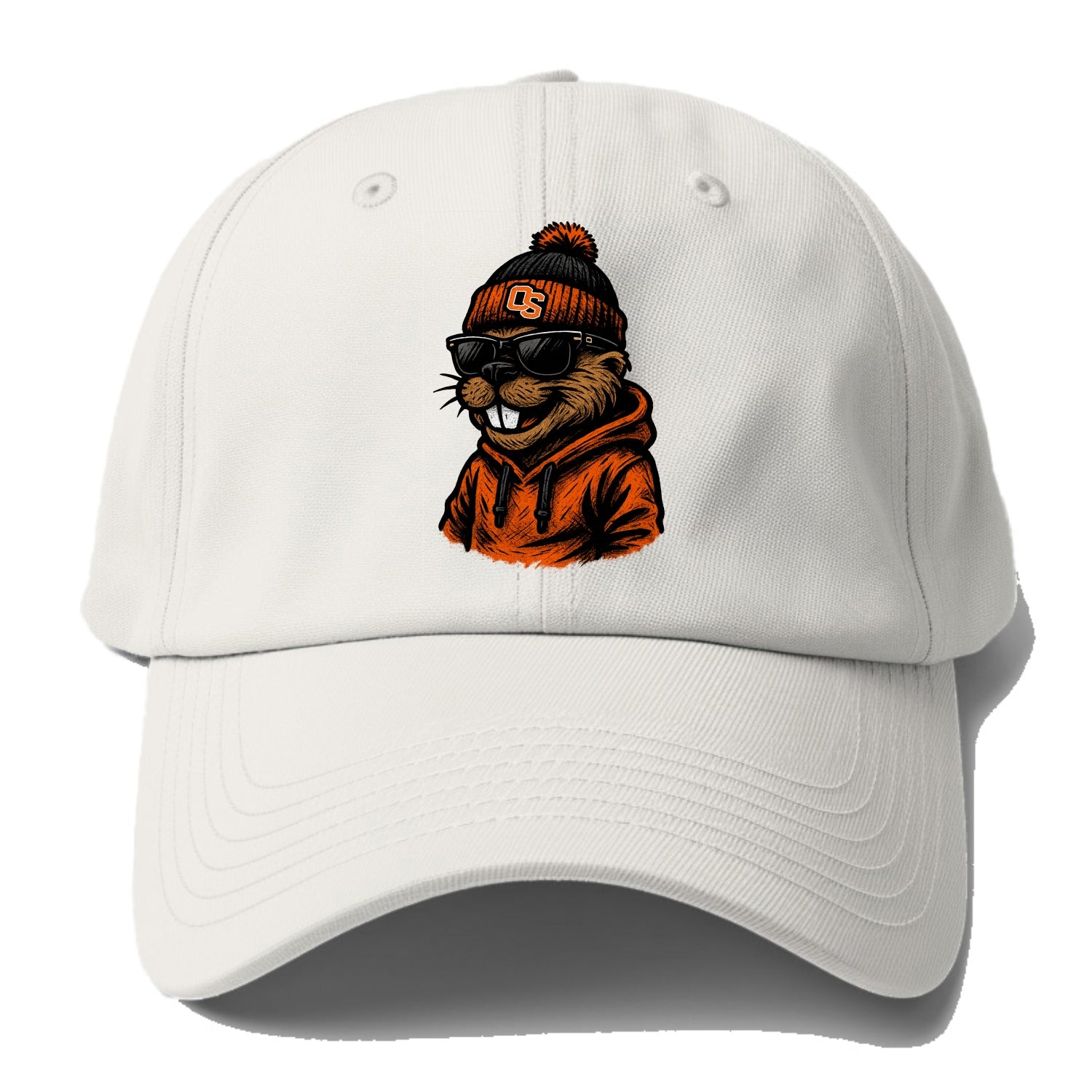 Corvallis Beaver wearing Oregon State beanie with OS patch - Baseball Cap - Off White