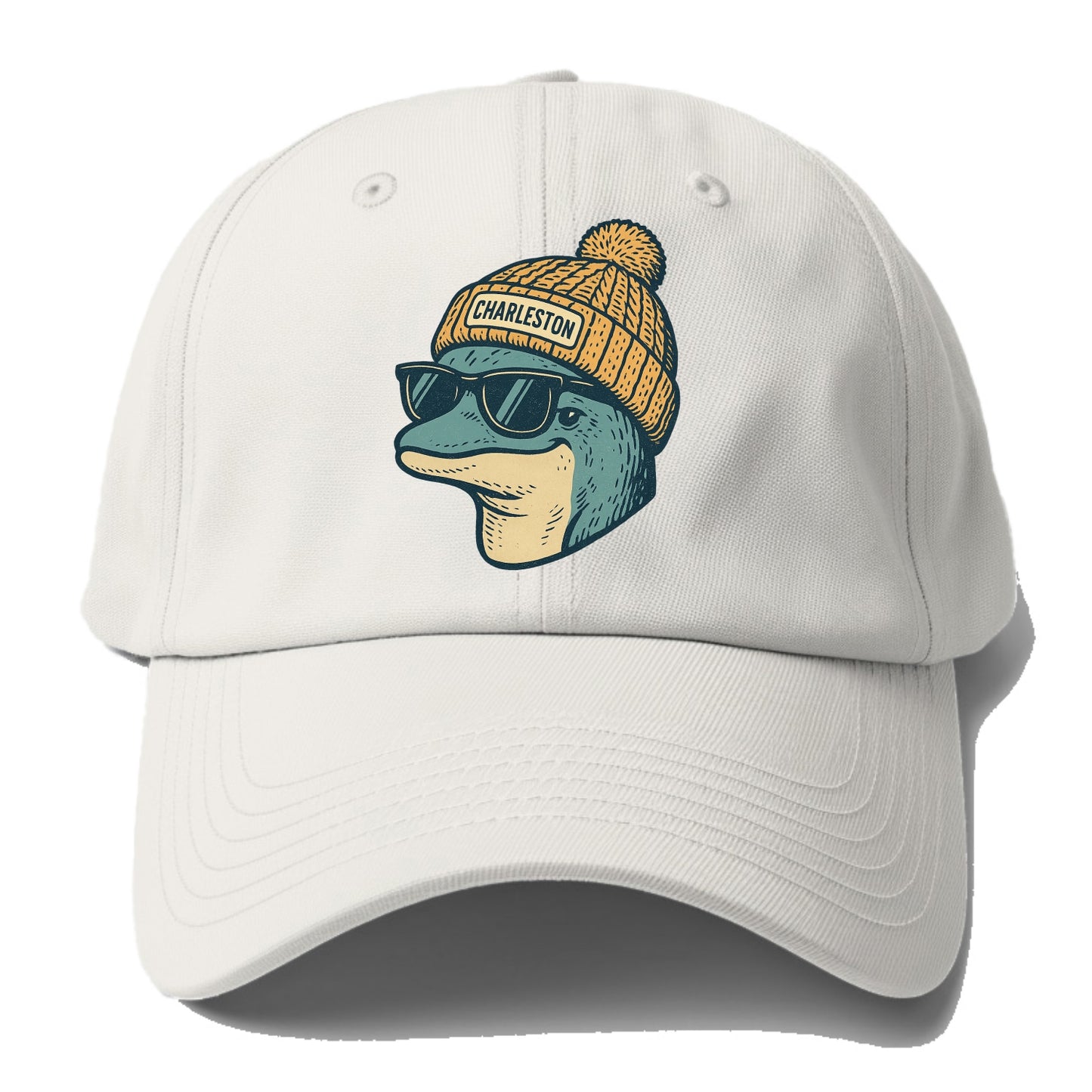 Charleston Dolphin wearing Charleston beanie with pom pom and wayfarer sunglasses - Baseball Cap - Off White