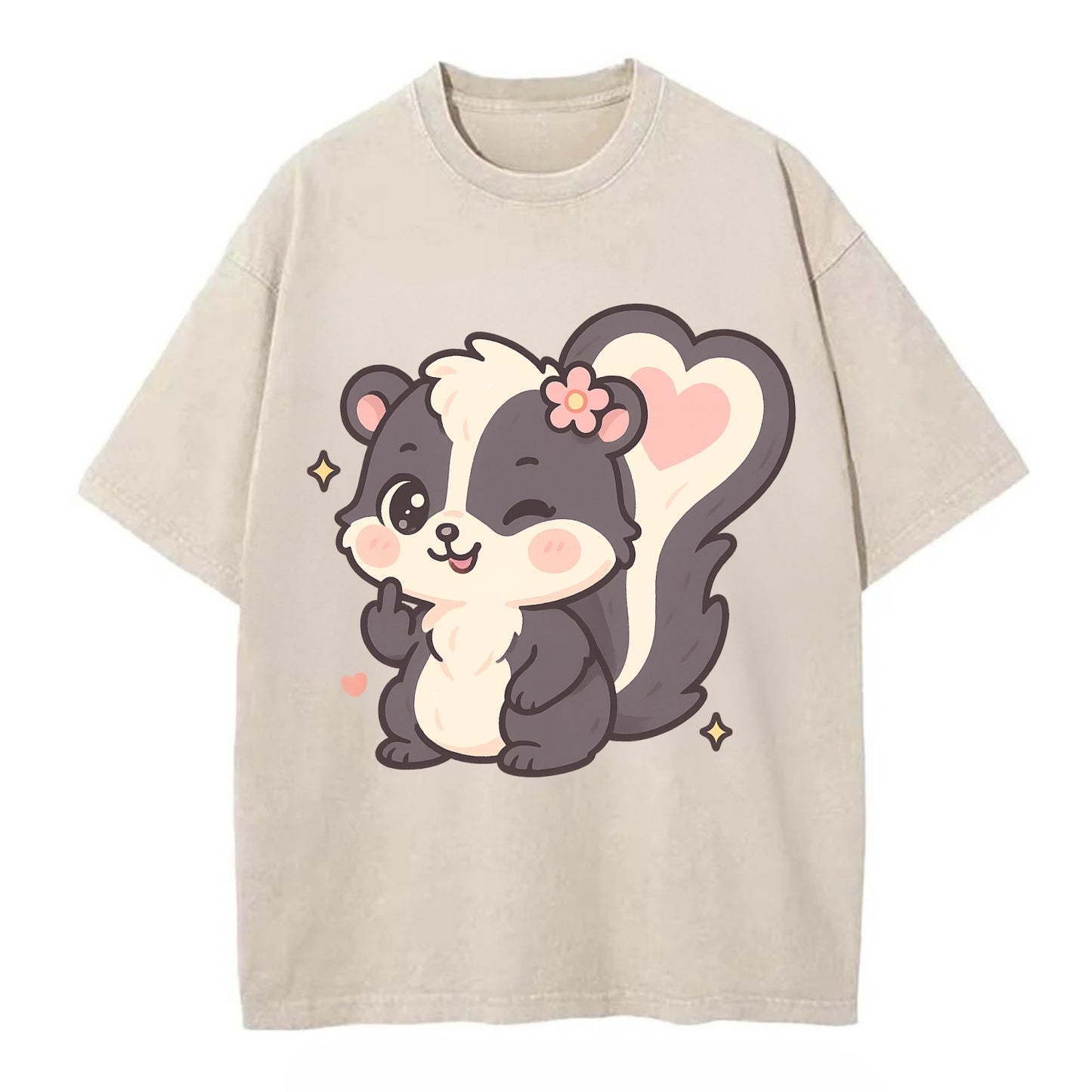 fluffy skunk with heart-shaped tail pattern, one paw up showing sass - Vintage T-shirt - Off White