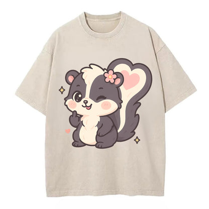 fluffy skunk with heart-shaped tail pattern, one paw up showing sass - Vintage T-shirt - Off White