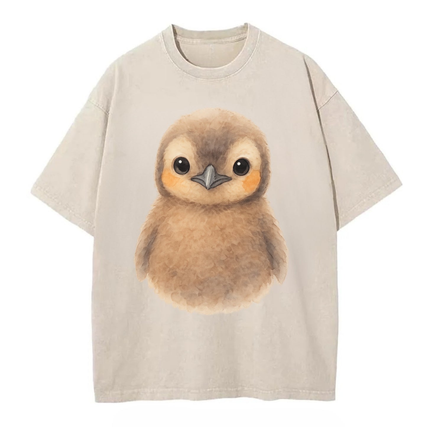 Baby King Penguin - orange cheek patches, fluffy brown, large eyes, front-facing, - Vintage T-shirt - Off White