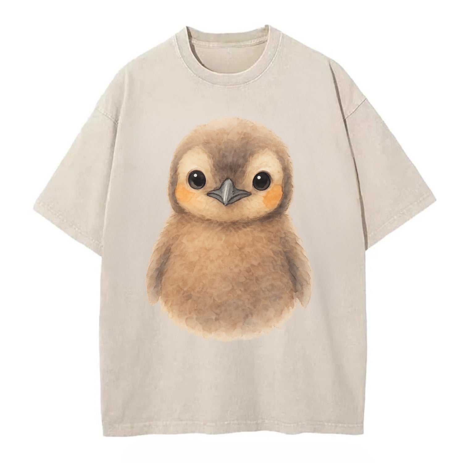 Baby King Penguin - orange cheek patches, fluffy brown, large eyes, front-facing, - Vintage T-shirt - Off White