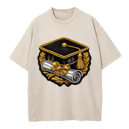GRADUATION CAP - mortarboard with diploma in black and gold , achievement - Vintage T-shirt - Off White