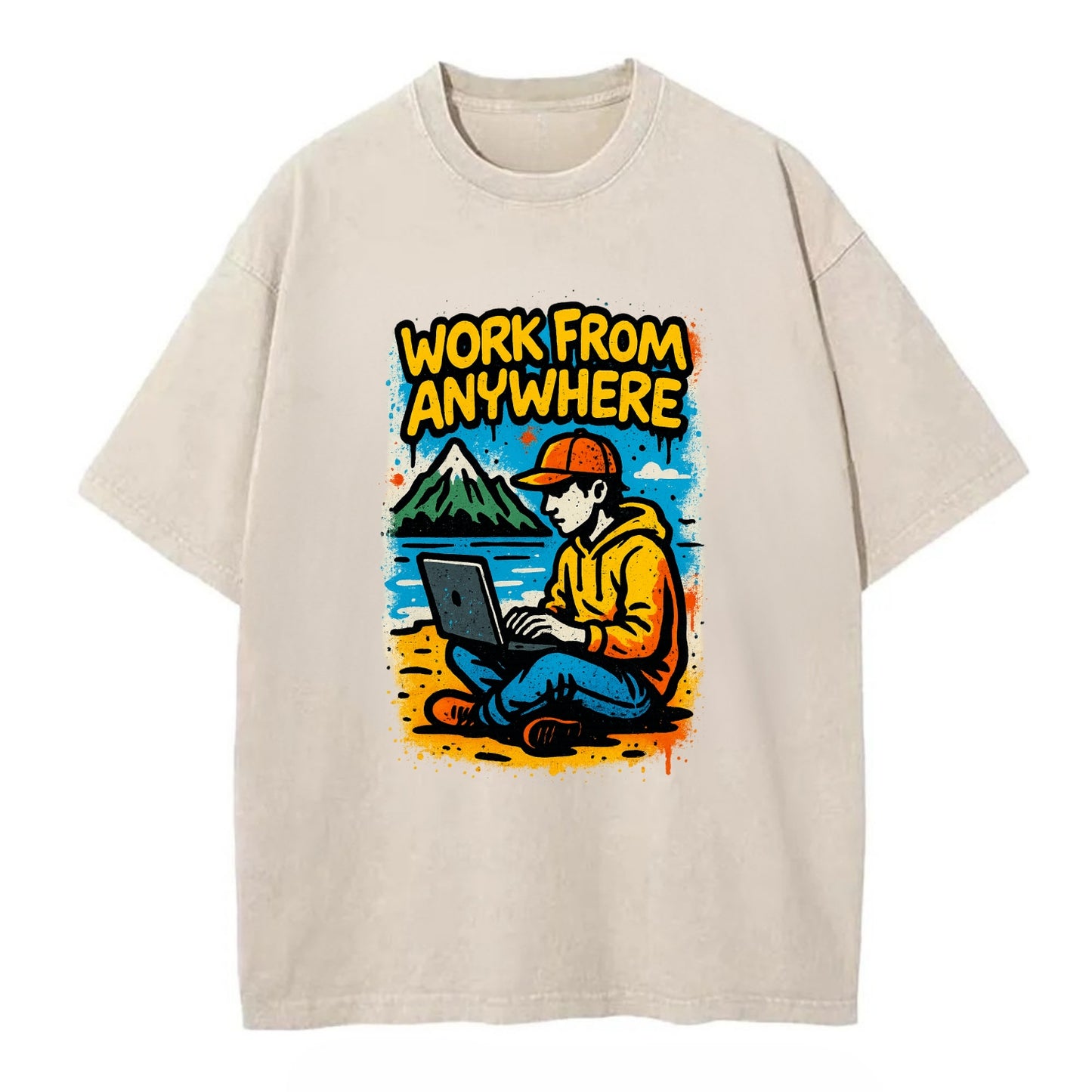 Digital nomad with laptop on beach/mountain - work from anywhere lifestyle, - Vintage T-shirt - Off White