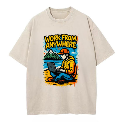 Digital nomad with laptop on beach/mountain - work from anywhere lifestyle, - Vintage T-shirt - Off White