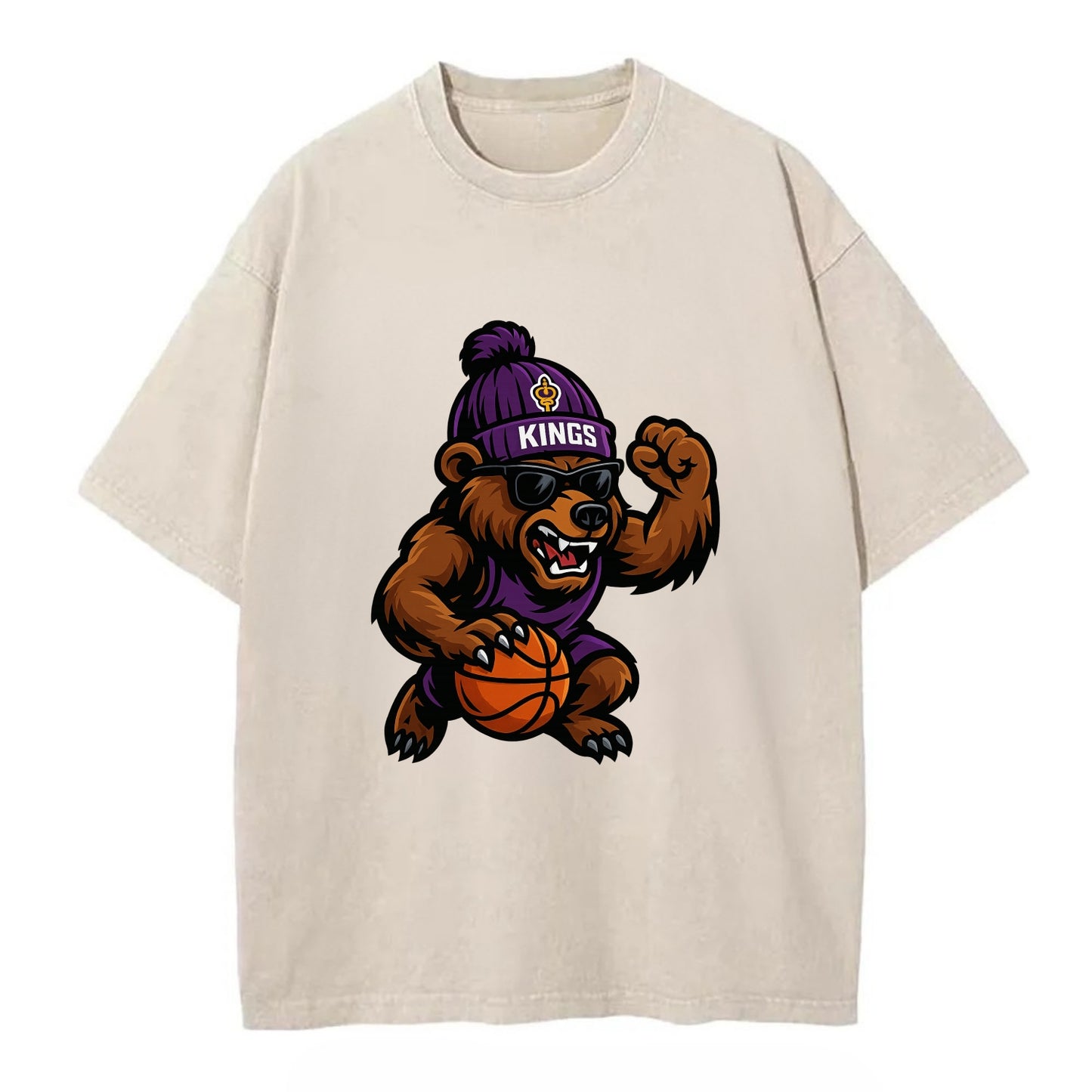 California Grizzly wearing Kings beanie with royal scepter patch and wayfarer - Vintage T-shirt - Off White