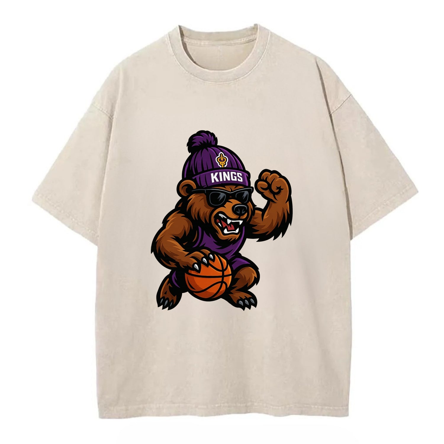 California Grizzly wearing Kings beanie with royal scepter patch and wayfarer - Vintage T-shirt - Off White
