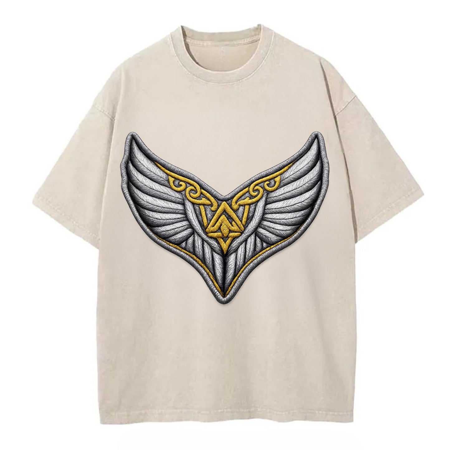 VALKYRIE WINGS - warrior maiden wings in silver and gold , Norse myth - Vintage T-shirt - Off White
