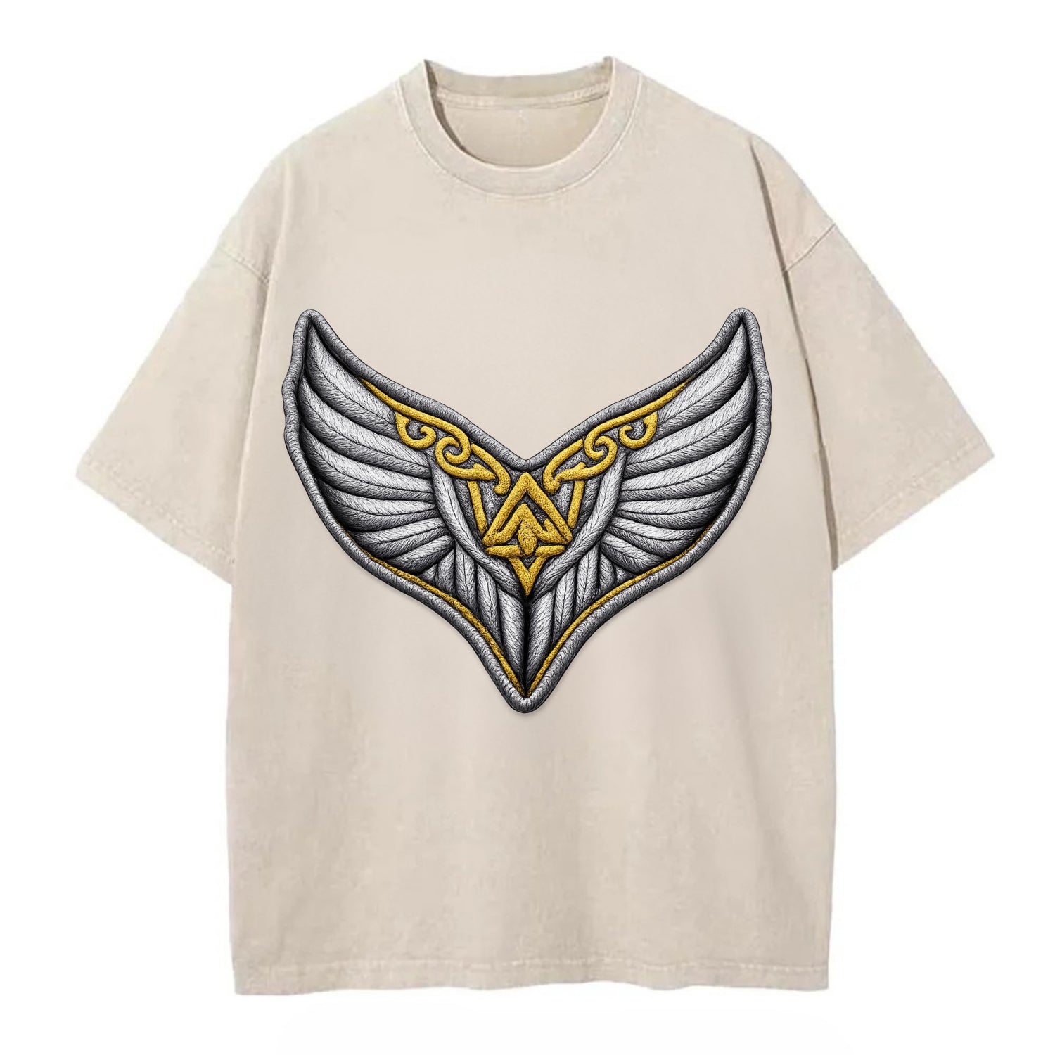 VALKYRIE WINGS - warrior maiden wings in silver and gold , Norse myth - Vintage T-shirt - Off White
