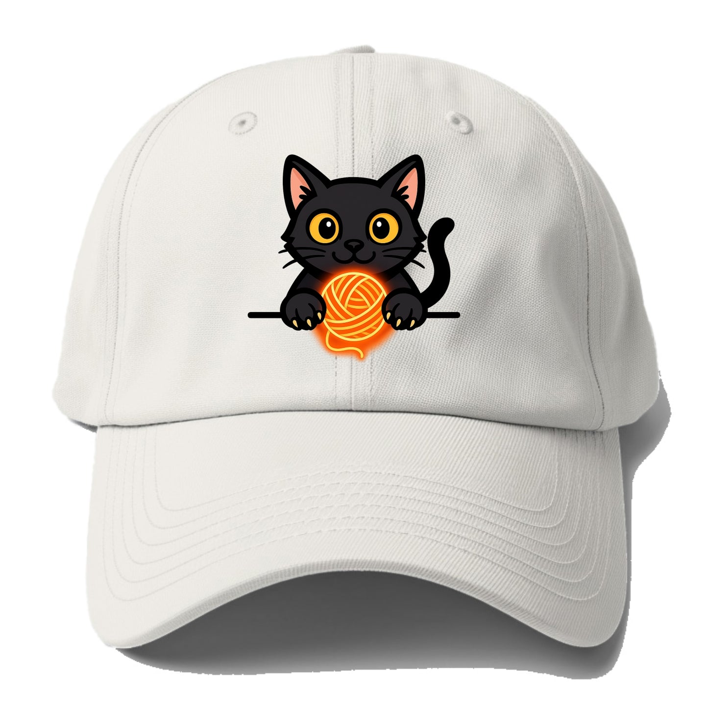 Midnight the black cat popping out of a gift box lid with ribbon trails. - Baseball Cap - Off White