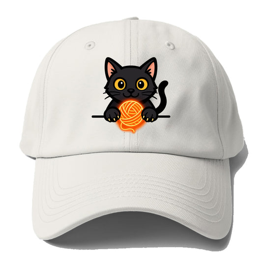 Midnight the black cat popping out of a gift box lid with ribbon trails. - Baseball Cap - Off White
