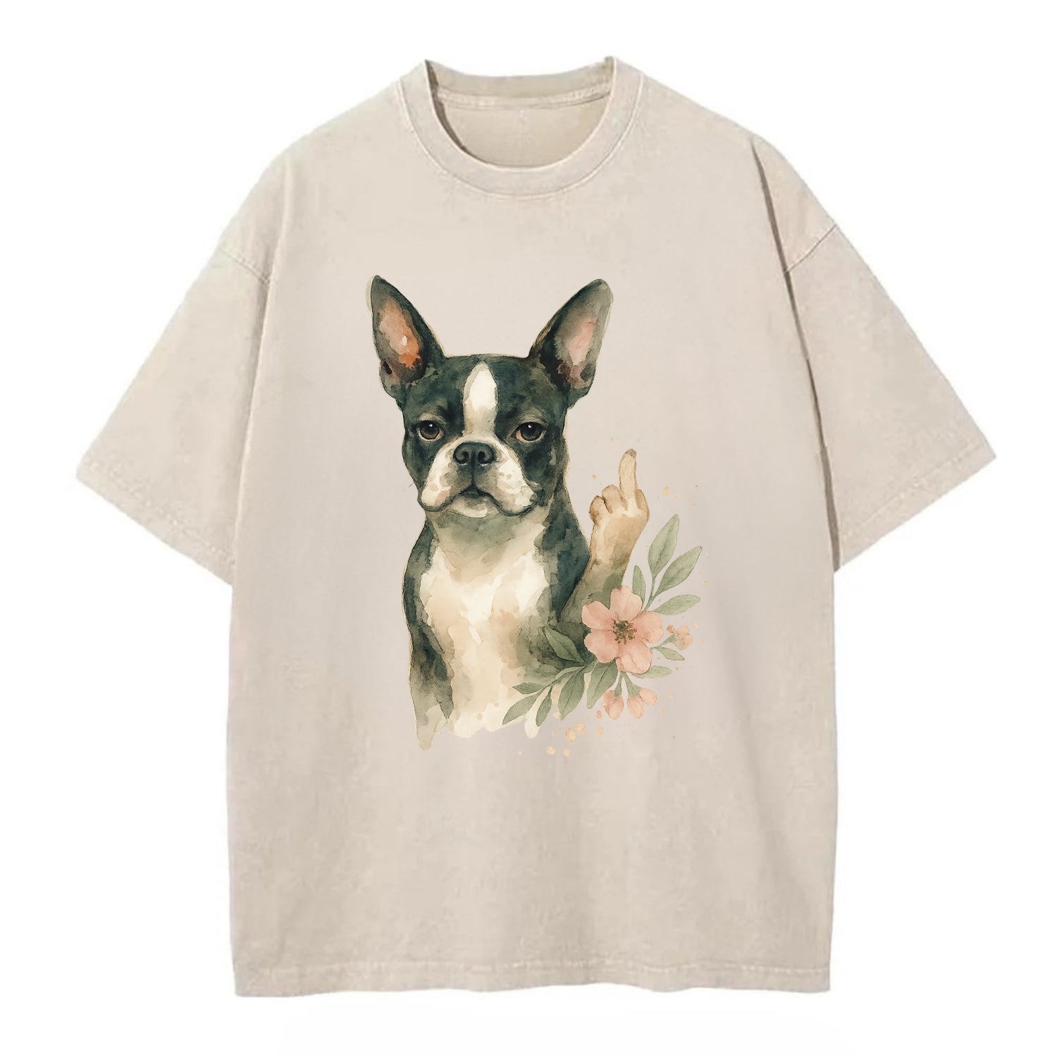 Boston Terrier with tuxedo markings, perky ears, paw up giving sass - Vintage T-shirt - Off White